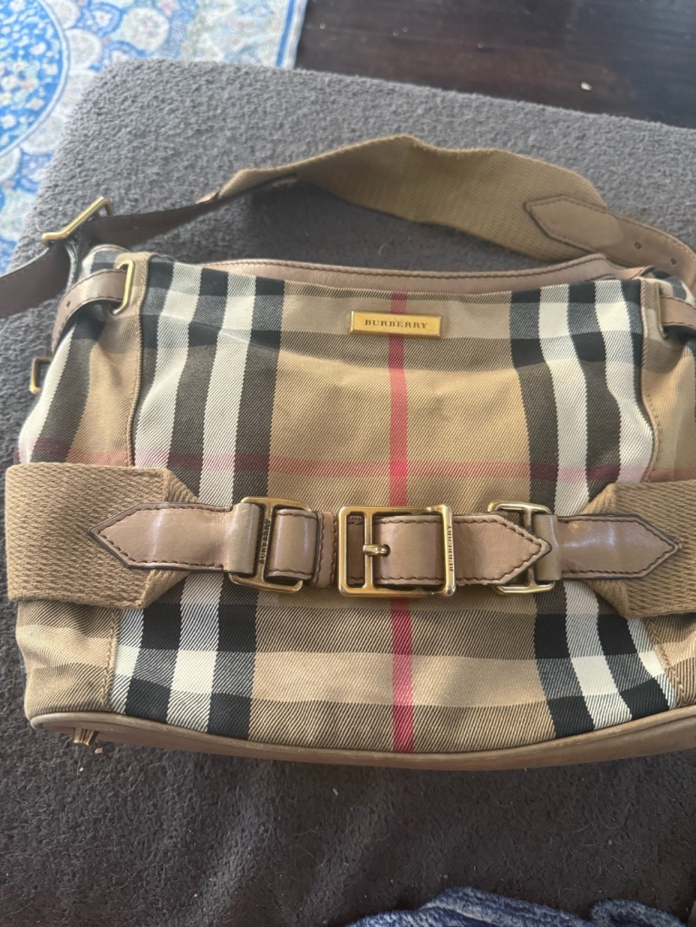 Burberry Tan Nova Check Shoulder Bag with Red Stripe